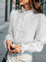 Fashionable Stand-Up Collar Long-Sleeved Shirt with Lotus Leaf Hem | Elegant & Unique