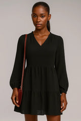 Szyfonowa oryginalna sukienka z długim rękawem i dekoltem w kształcie litery A