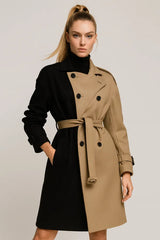 Chic two-tone trench coat for women - black and beige belted double breasted outerwear