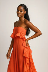 Elegant strapless orange ruffle maxi dress, perfect for summer parties and evening events