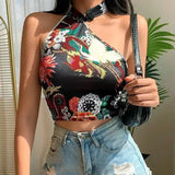Chinoiserie Printed Halter Neck Buttoned Navel Crop Top-1