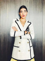 Women's Double-Breasted Tweed Jacket-White-1