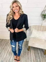 Women's Blazer with Leopard Print Cuffs-Black-1