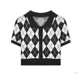 Checkered Short Sleeve Knit Cardigan-Black-1