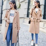 Women's Belted Trench Coat with Lapel Collar-Light brown-1