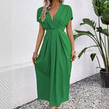 Solid Color Deep V Shoulder Sleeve Folding Elastic Waist-1