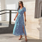 V-neck High Waist Tied Dress Jacquard Split-Blue-1