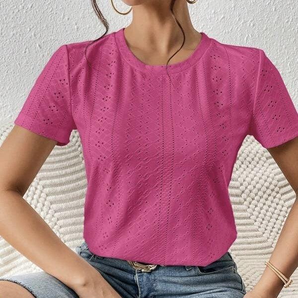 Women's Solid Color Mesh Embroidery Loose Fit T-Shirt – Casual & Stylish