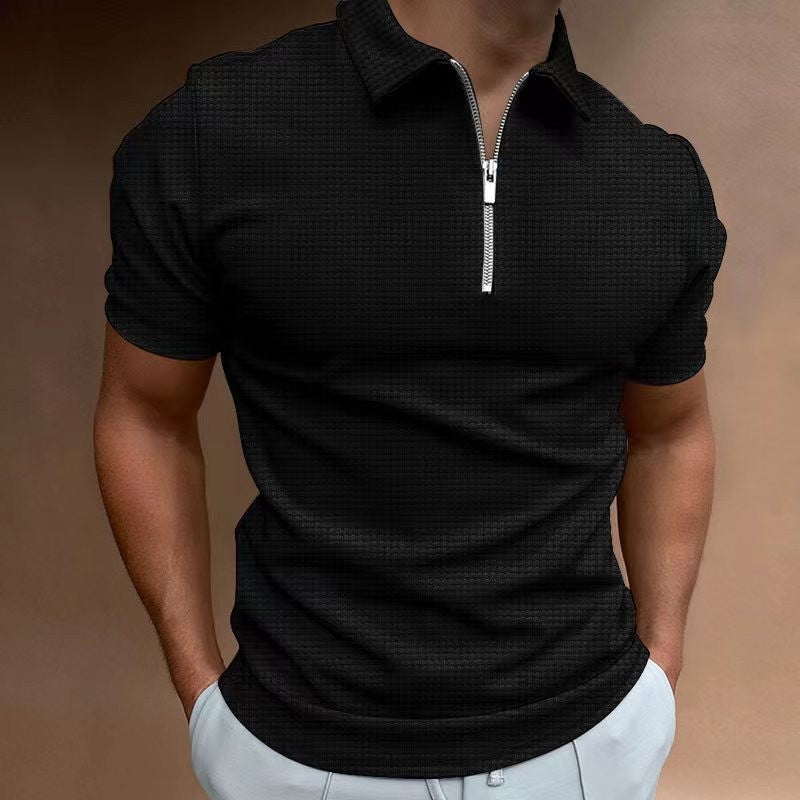 Men's Summer Slim Fit Short Sleeve Zipper Stripe Lapel Polo Shirt