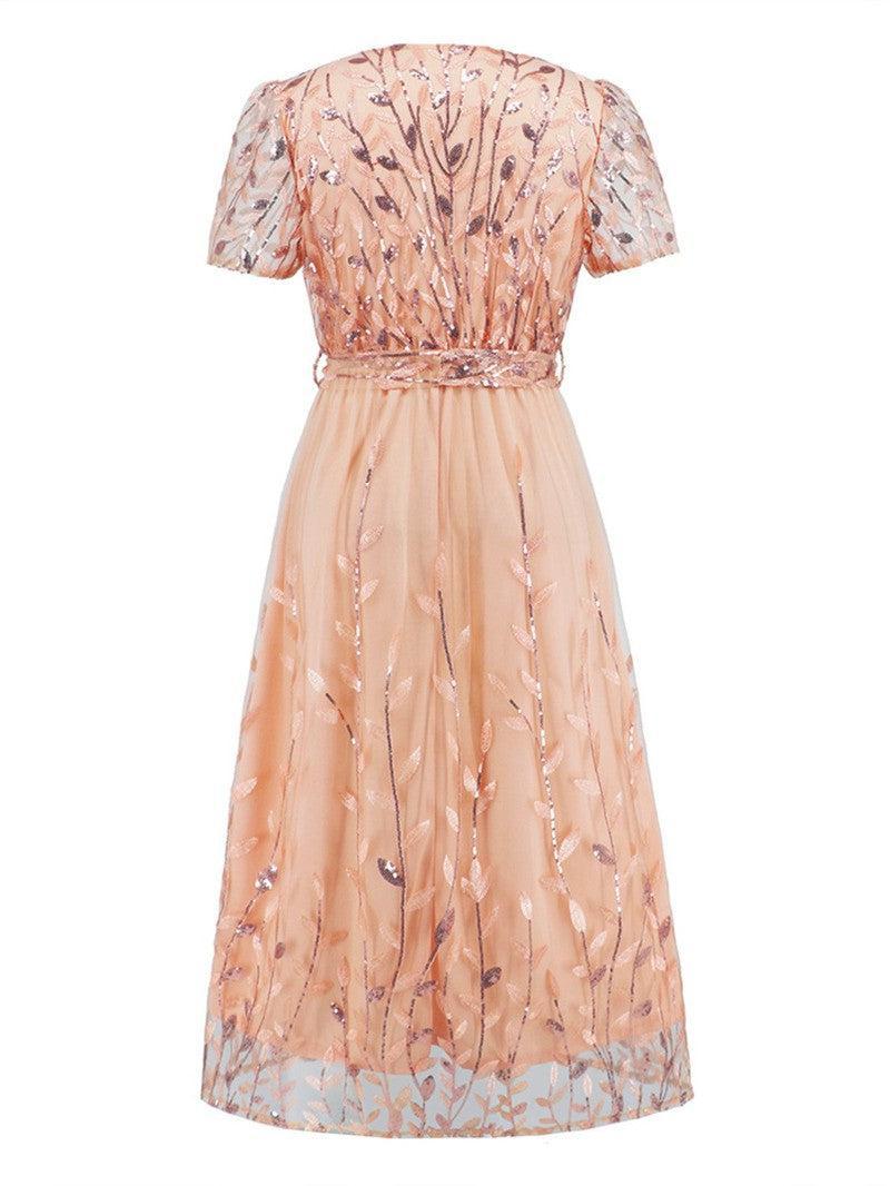 Sequin Leaf Embroidery Tie Front Short Sleeve Dress-28