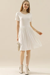 Ninexis Full Size Round Neck Ruched Dress with Pockets-WHITE-16