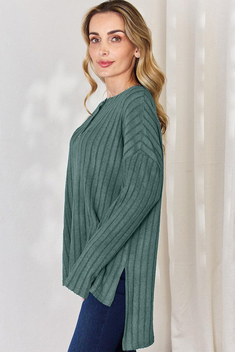 Basic Bae Full Size Ribbed Half Button Long Sleeve High-Low T-Shirt-10