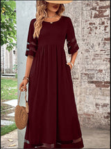 New Hot Sale: Five-Quarter Sleeve Mesh Patchwork Round Neck Pocket Dress