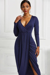 High-low Ruched Surplice Long Sleeve Dress-22