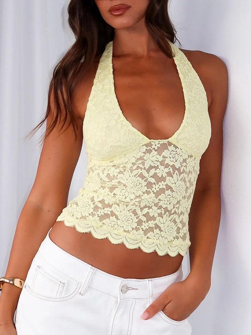 Lace Backless Halter Neck Cami-Pastel Yellow-17