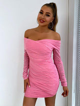 Glitter Ruched Off-Shoulder Long Sleeve Bodycon Dress-6