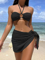 Elegant Ribbed Bandeau Bikini Set – Textured High-Waist Swimsuit with Wraparound Ties