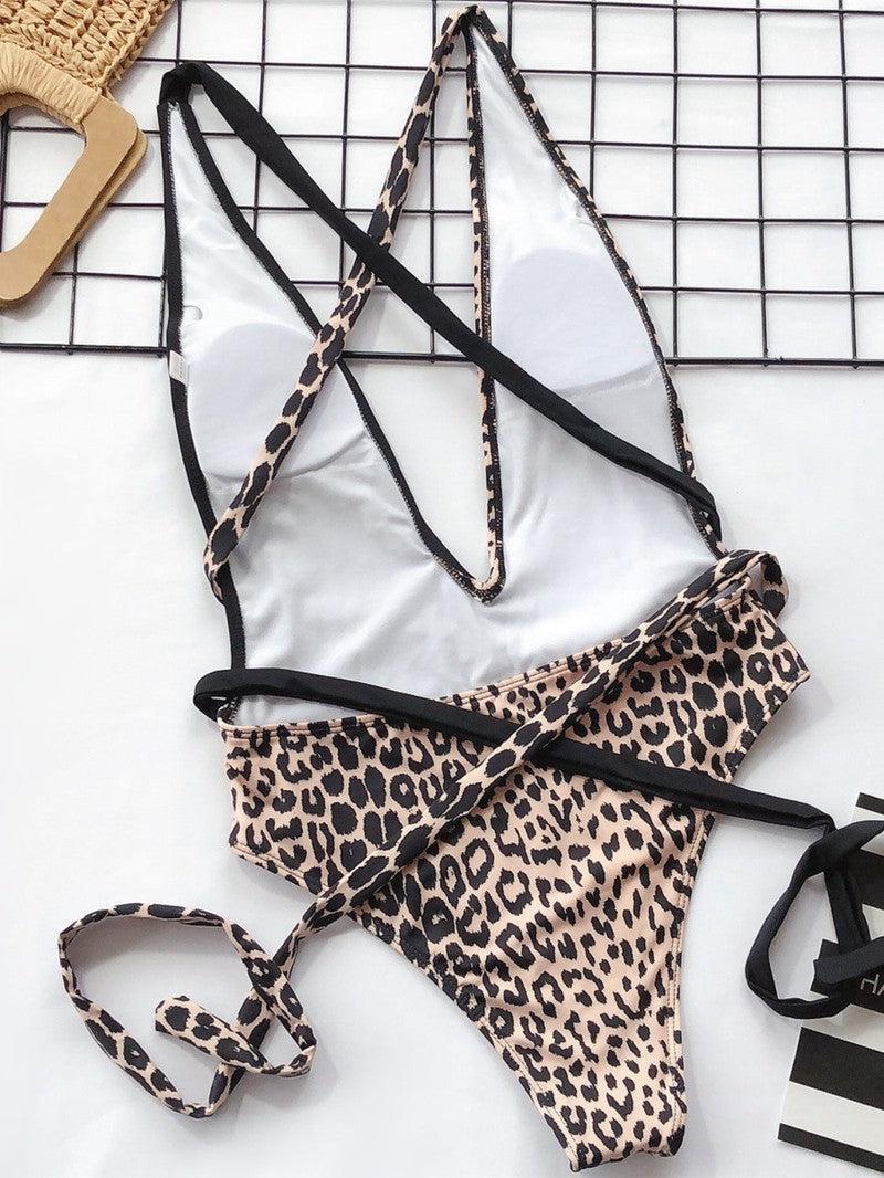 Tied Leopard Plunge One-Piece Swimwear-15