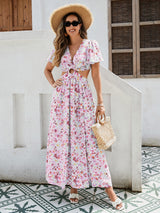 Floral Maxi Dress – Ruffle Sleeves & Cutout Waist