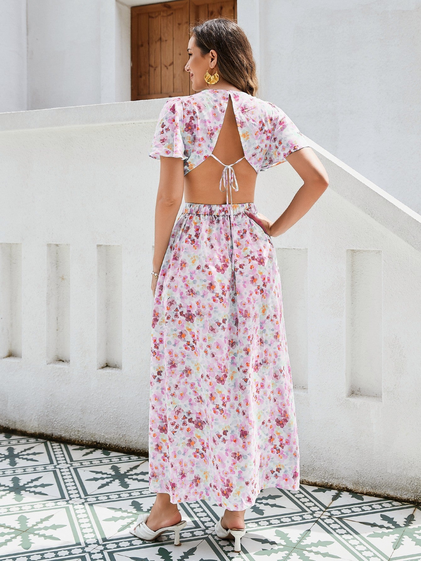 Floral Maxi Dress – Ruffle Sleeves & Cutout Waist