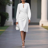 Temperament Pure Color Pleated Waist Tight Round Neck Hollow Dress