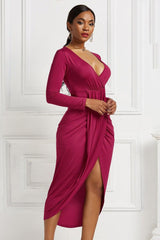 High-low Ruched Surplice Long Sleeve Dress-34