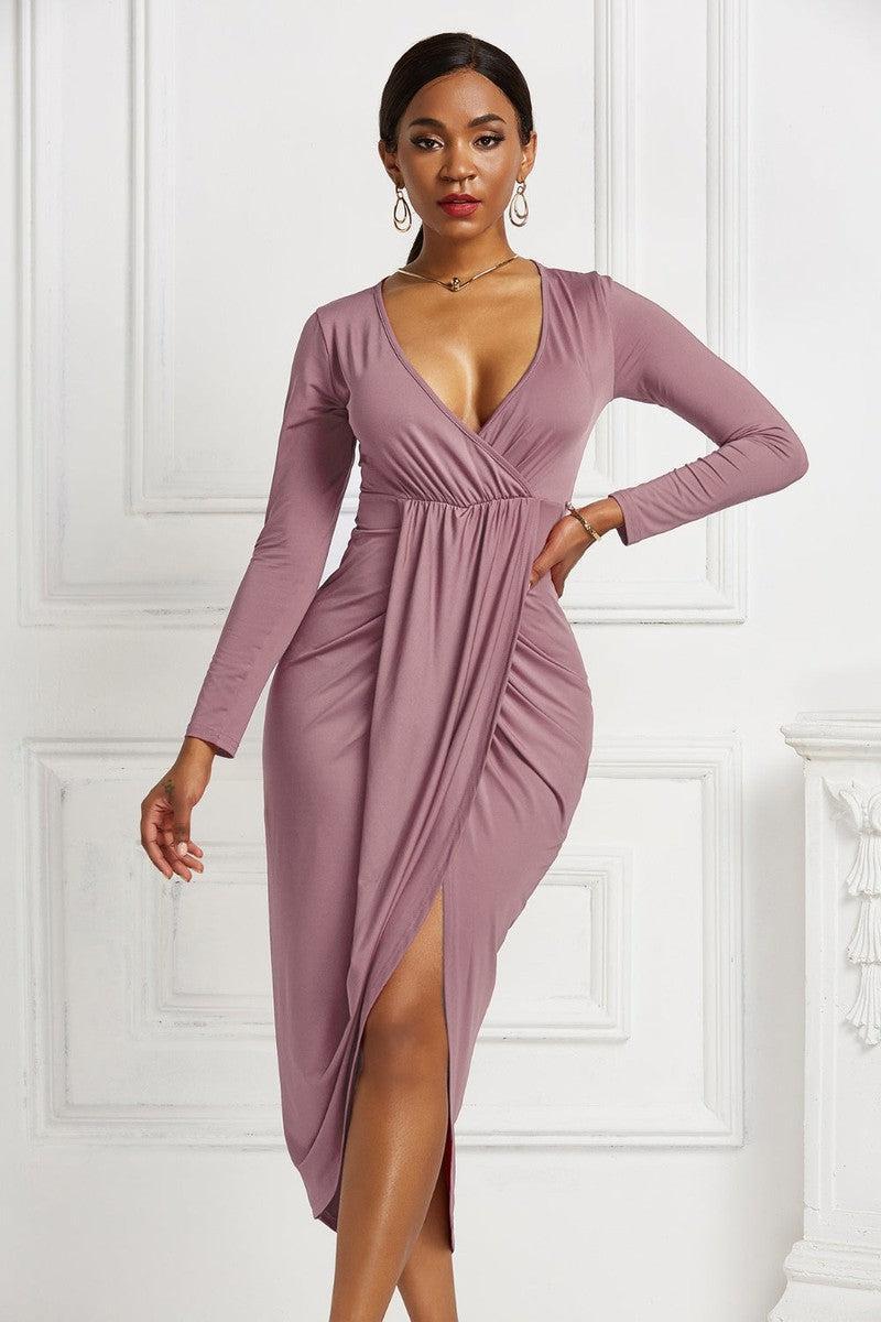 High-low Ruched Surplice Long Sleeve Dress-27