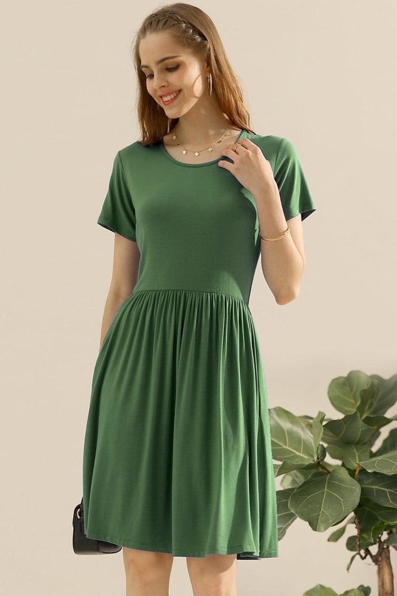 Ninexis Full Size Round Neck Ruched Dress with Pockets-OLIVE-13