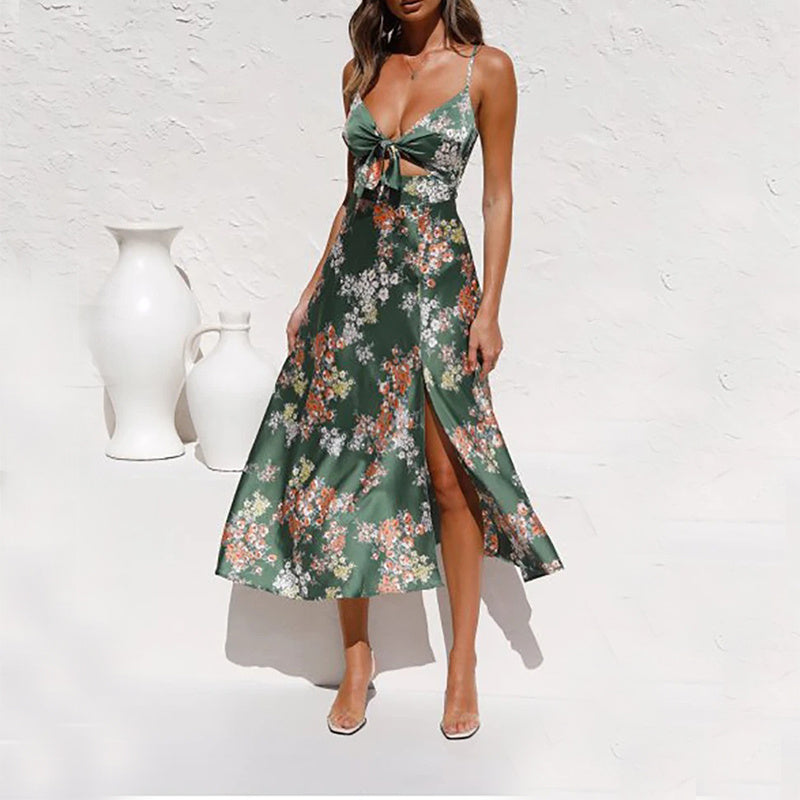 Floral Print Split Suspender Dress – Hollow Bowknot Design | Summer Sleeveless Beach Dress for Women