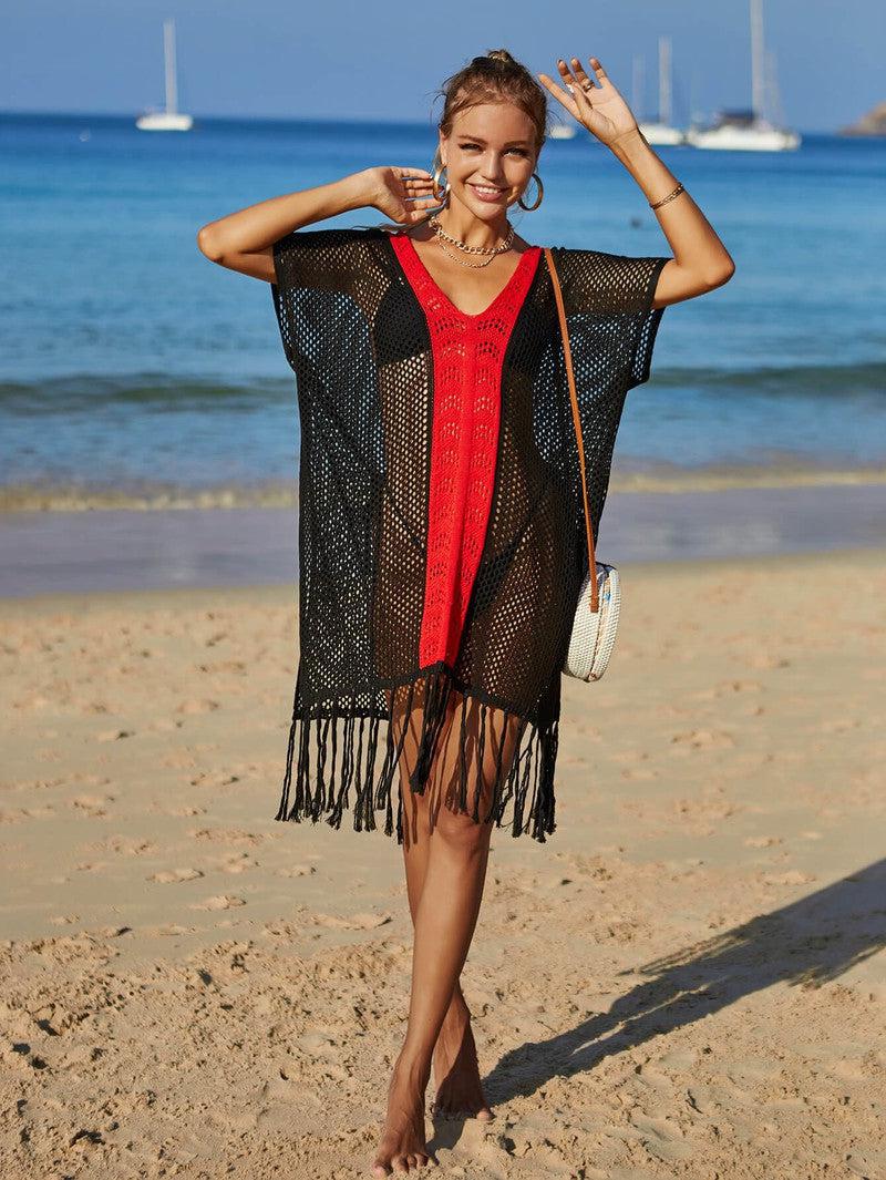 Angel Wings Contrast Fringe Trim Openwork Cover-Up Dress-15