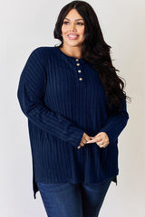 Basic Bae Full Size Ribbed Half Button Long Sleeve High-Low T-Shirt-32