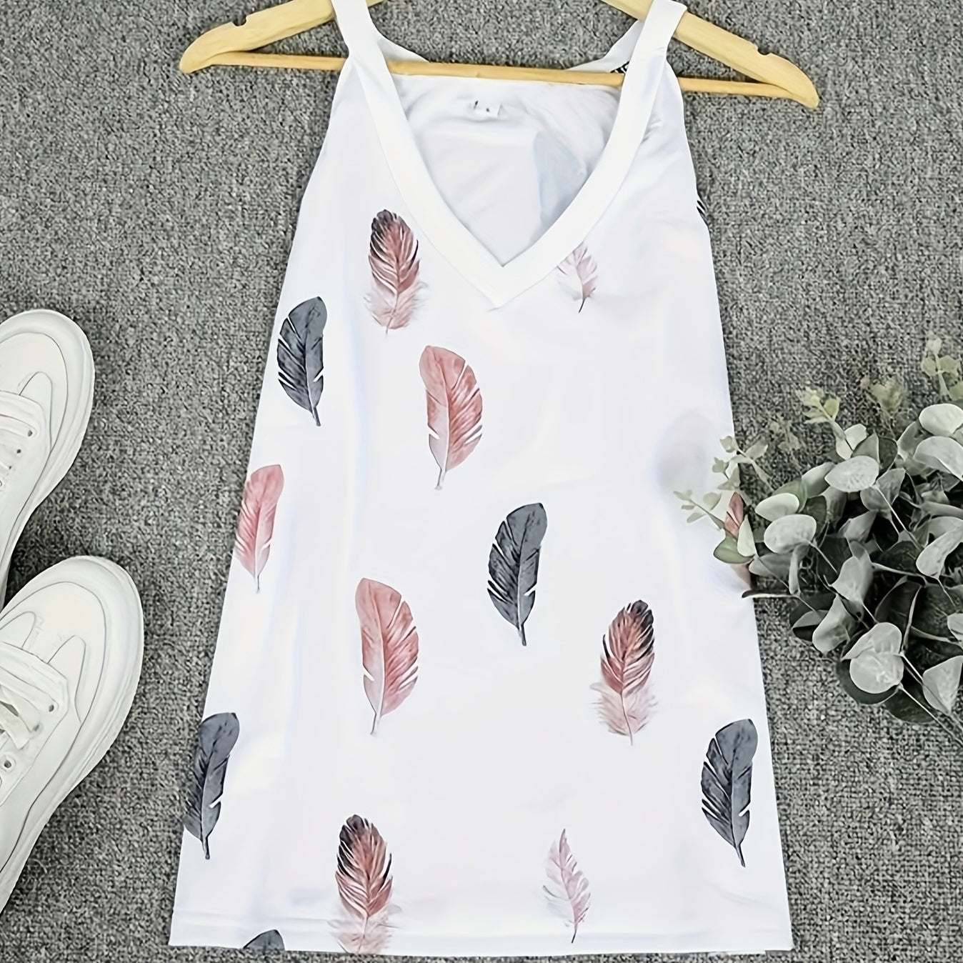 Ladies' V-Neck Feather Print Camisole Vest – Stylish, Versatile & Casual