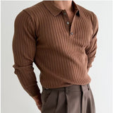 Men's Slim Fit Long Sleeve Polo Shirt | Lapel Button Striped Knitted Top