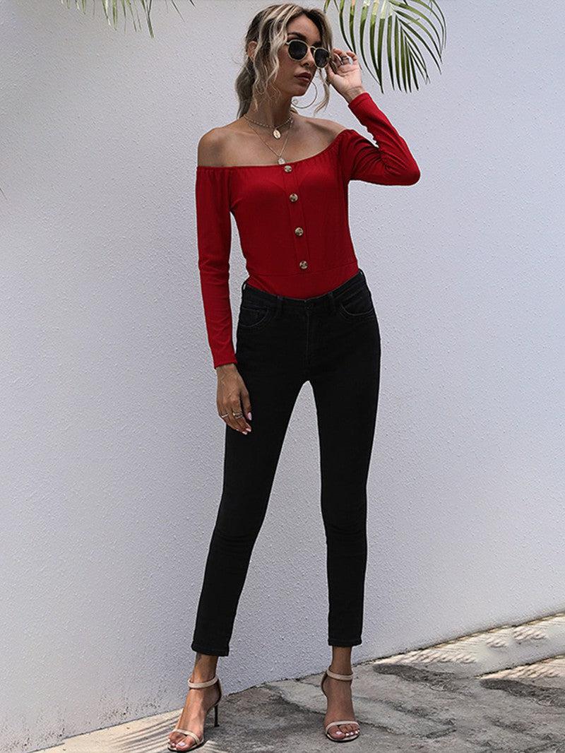 Perfee Decorative Button Off-Shoulder Long Sleeve Bodysuit-4