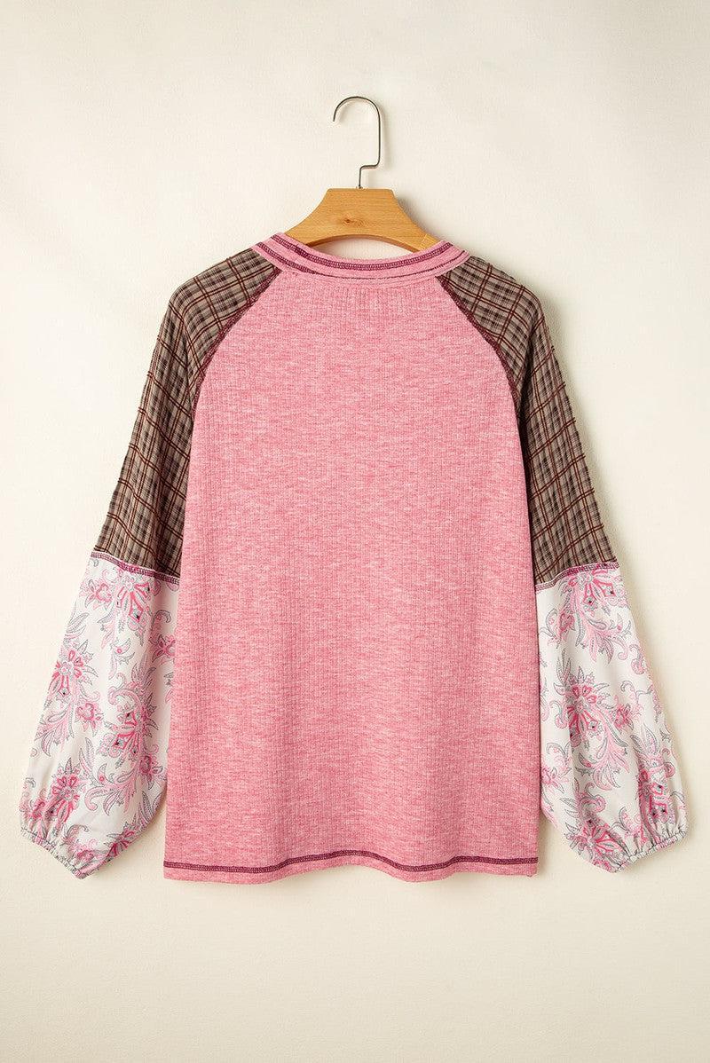 Plaid Floral Patchwork Round Neck Long Sleeve Top-11