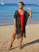 Angel Wings Contrast Fringe Trim Openwork Cover-Up Dress-14