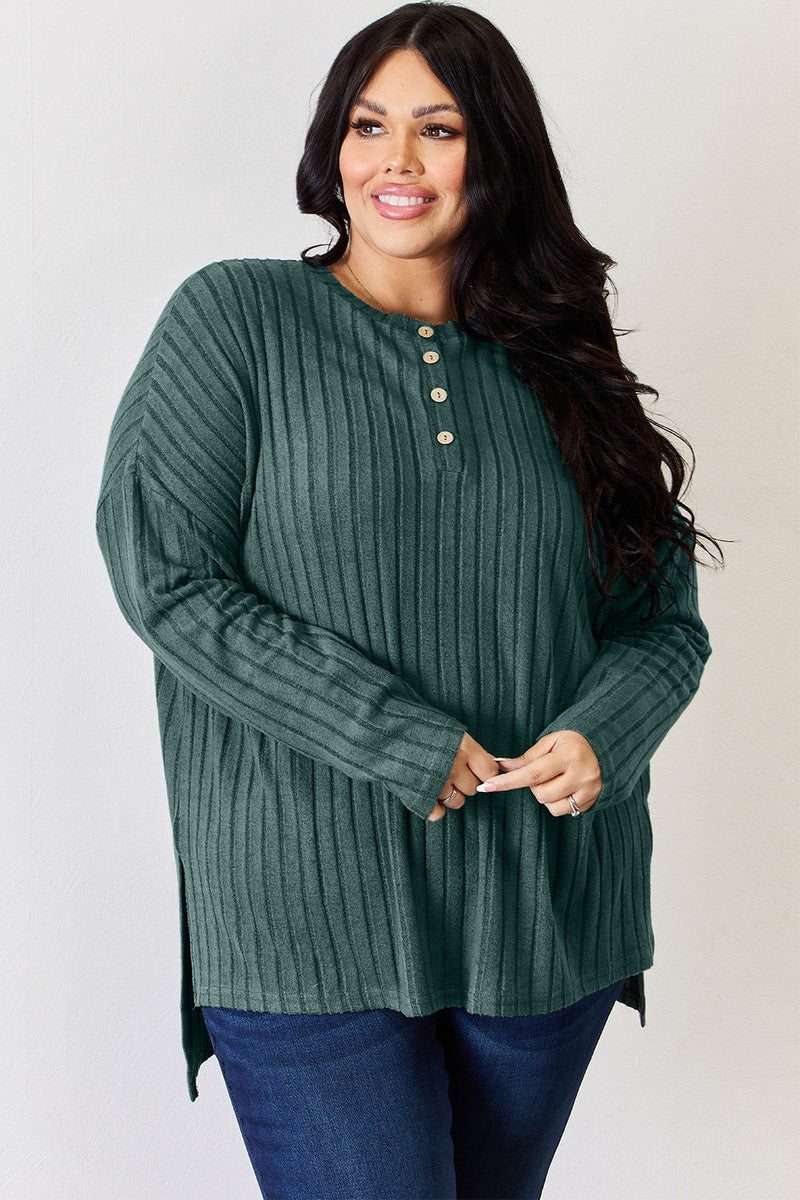 Basic Bae Full Size Ribbed Half Button Long Sleeve High-Low T-Shirt-12