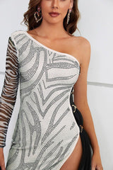 Zebra Print Rhinestone Slit Single Shoulder Dress-6