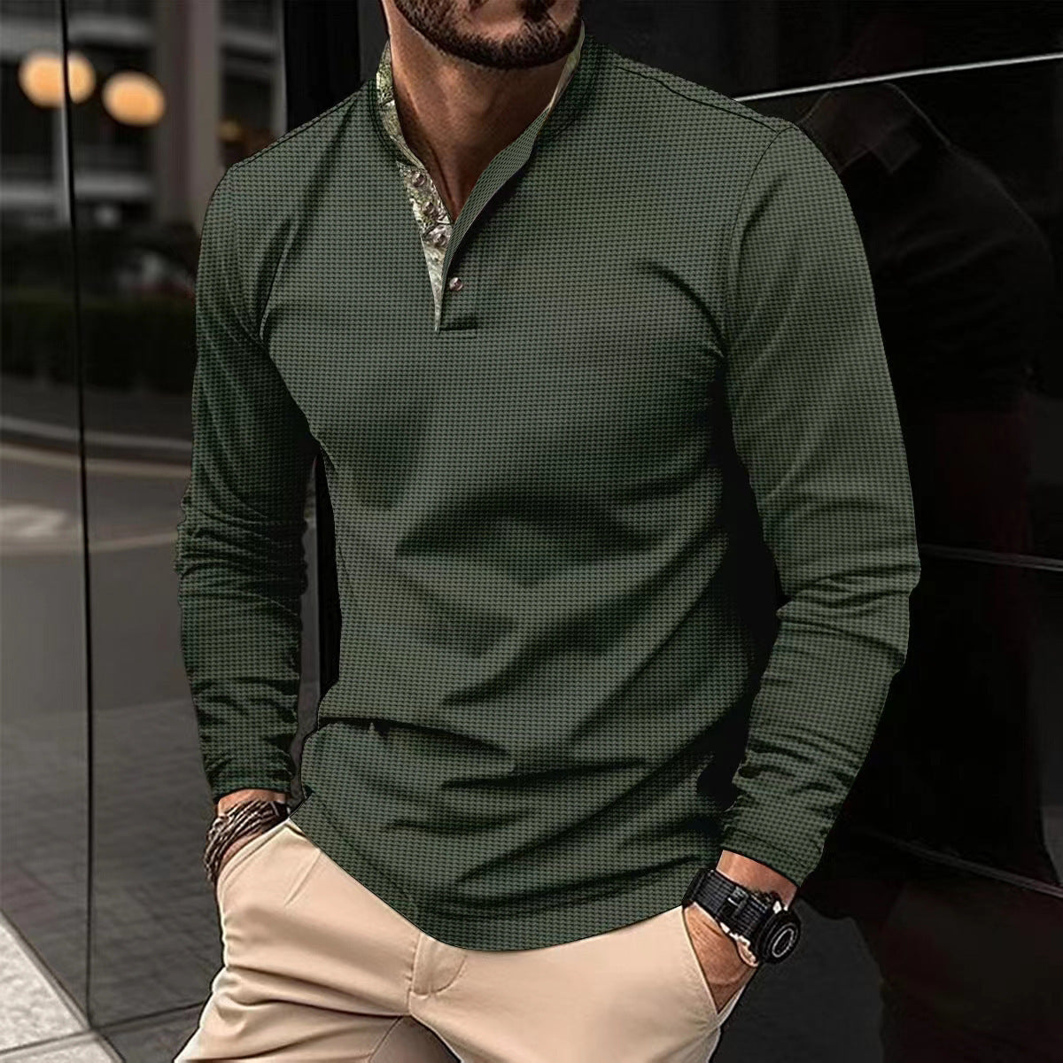 Men's Double Layer Lapel Polo Shirt | Fashion Waffle Long-Sleeved Top