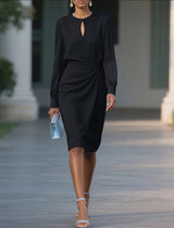 Temperament Pure Color Pleated Waist Tight Round Neck Hollow Dress