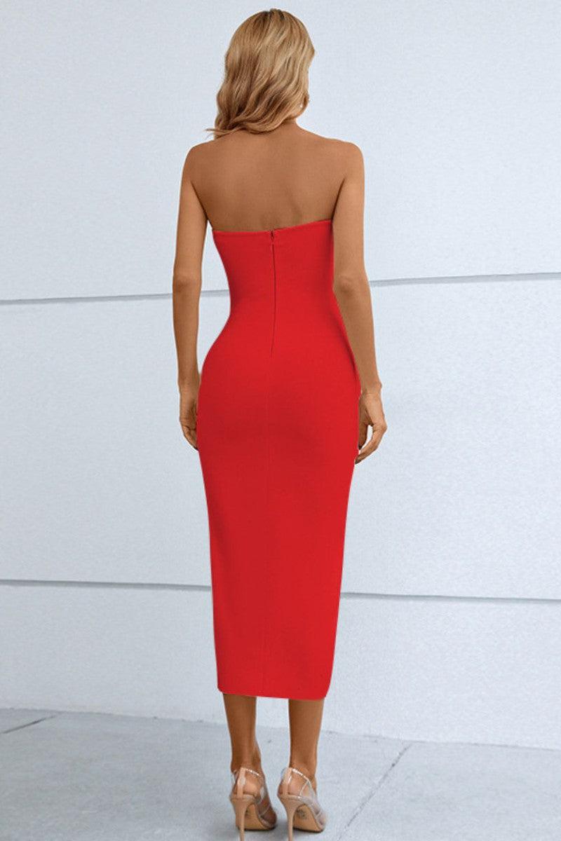 Cutout Strapless Drawstring Detail Split Bandage Dress-2