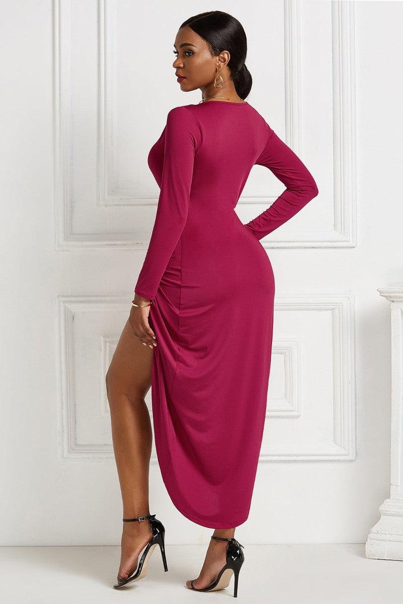 High-low Ruched Surplice Long Sleeve Dress-35