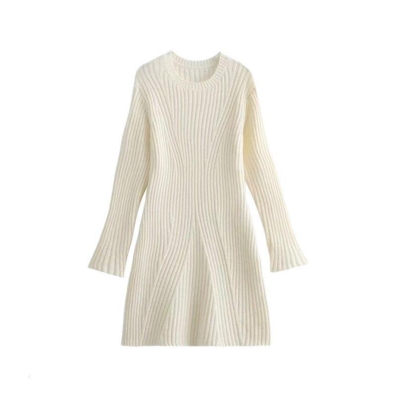 Fashion Solid Ribbed Knitted Dress – Slim-Fit A-Line Dress with Stand-Up Collar | Elegant Fall & Winter Wear for Women-White-3