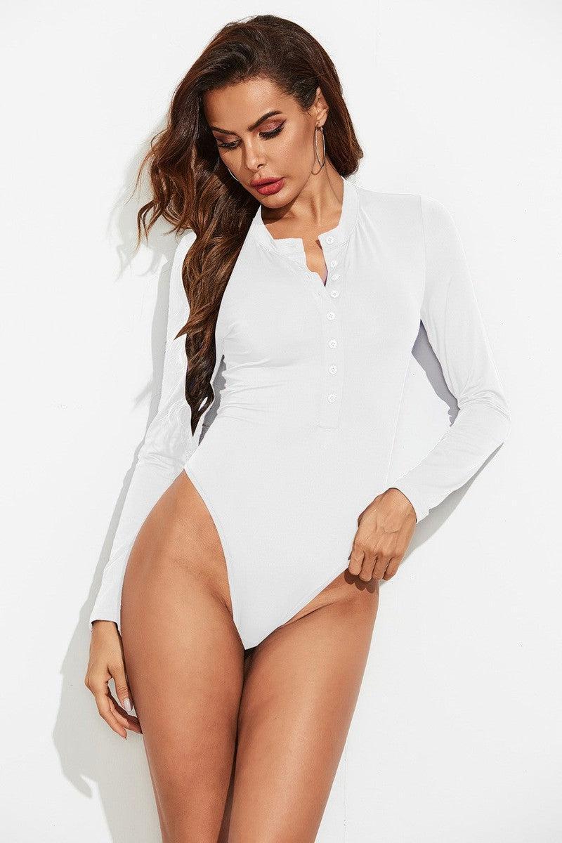 Half Button Round Neck Long Sleeve Bodysuit-6