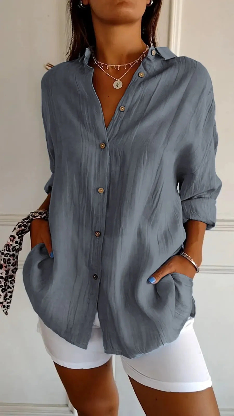 Elegant Women's Long Sleeve Pleated Shirt – Button-Up Blouse with Lapel Collar