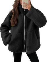 Winter Lapel Zip-Up Fleece Coat – Casual Solid Color Jacket with Pockets | Cozy Long-Sleeve Outerwear for Women-Black-4