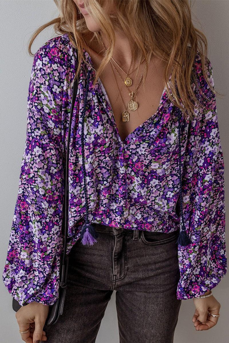 Floral Tie Neck Balloon Sleeve Blouse-Purple-1