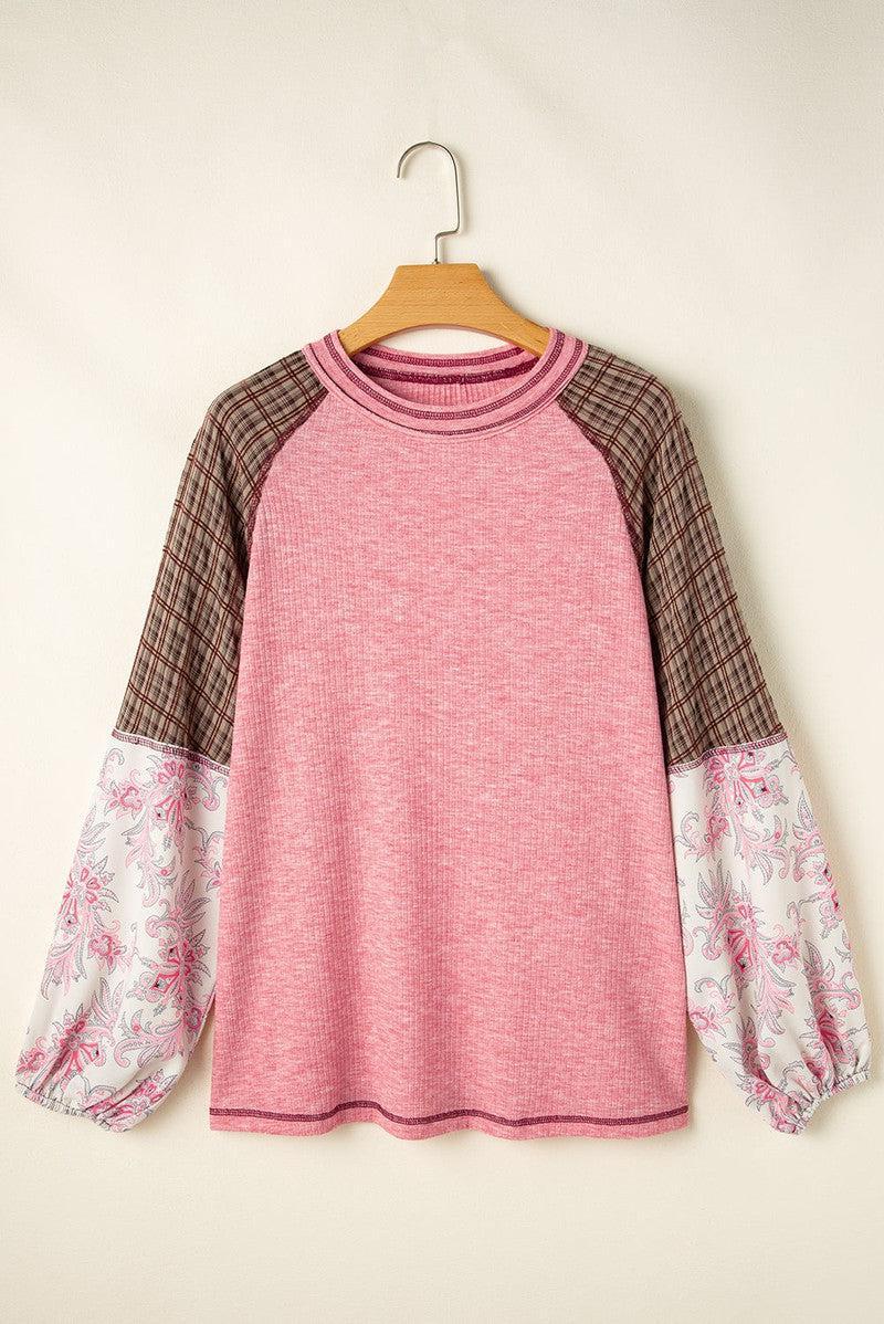 Plaid Floral Patchwork Round Neck Long Sleeve Top-10