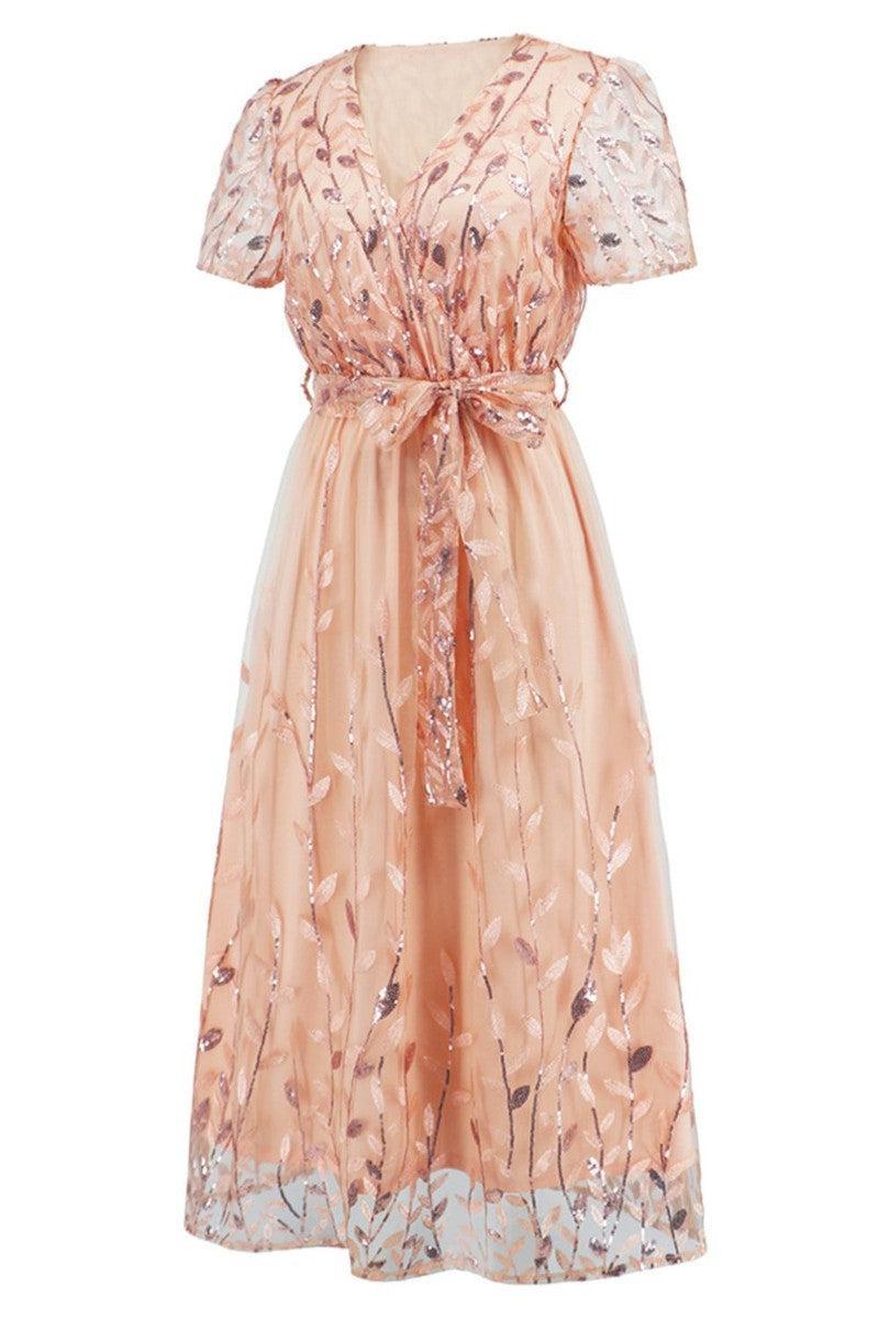 Sequin Leaf Embroidery Tie Front Short Sleeve Dress-27