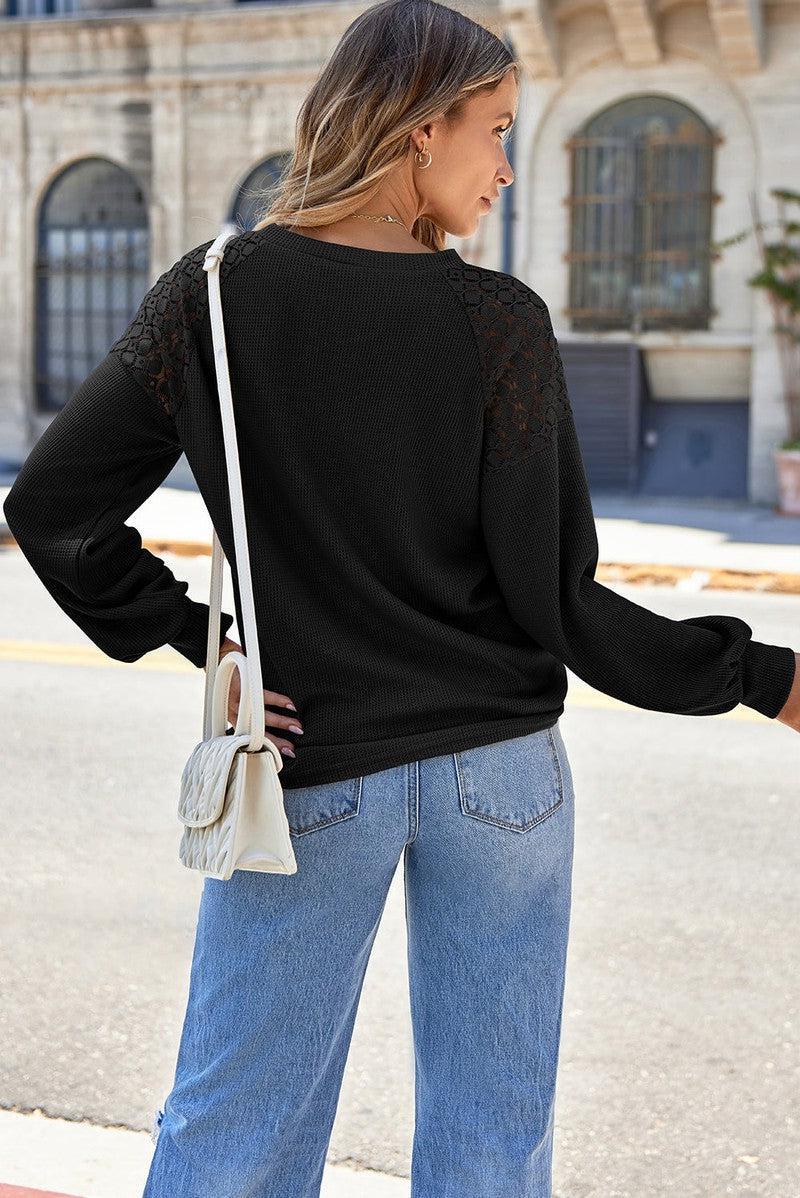 Lace Detail Round Neck Lantern Sleeve Top-7